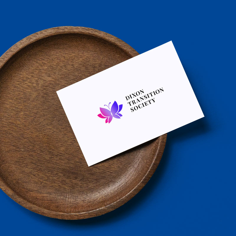 Dixon Transition Society business card on wooden dish