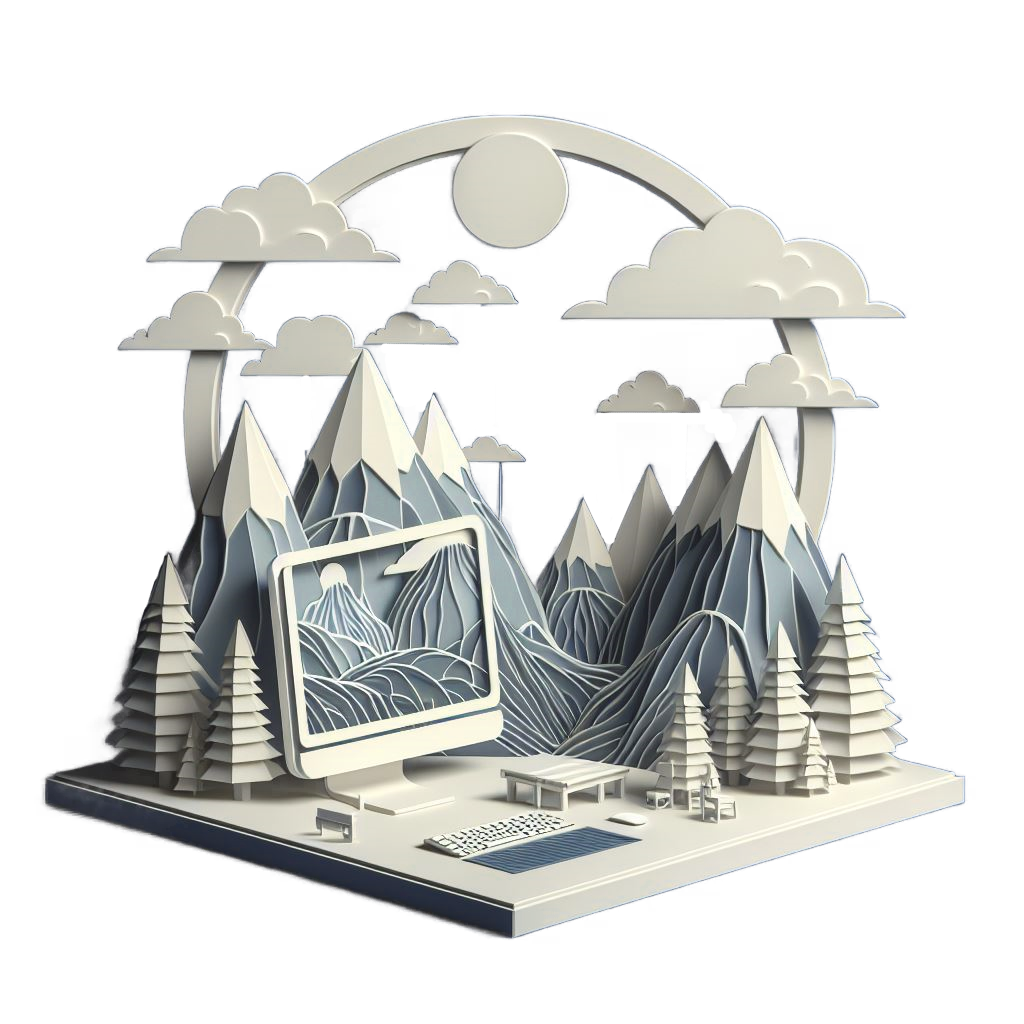 Papercut art scene of mountains, trees and clouds and desktop computer